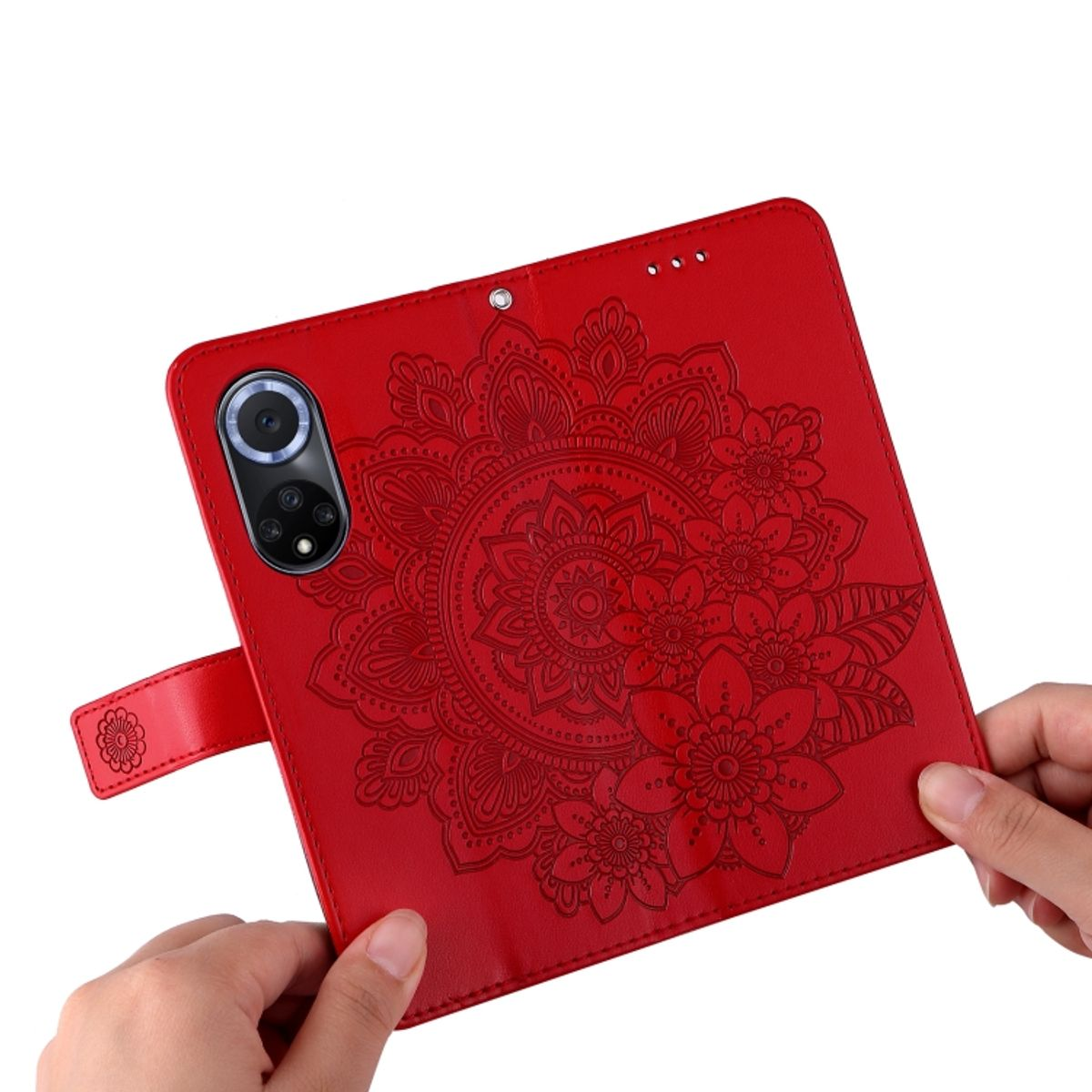 Rote Handyhülle mit geprägtem Blumendesign. Hände halten die Hülle, zeigen Telefon und Design.