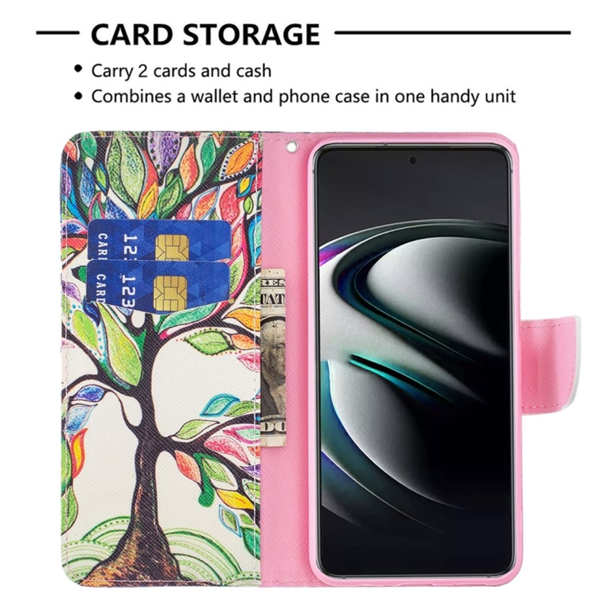 Rosa Handyhülle mit Baumdesign, Karten, Bargeld und Telefon. Inklusive Karten- und Bargeldaufbewahrung.