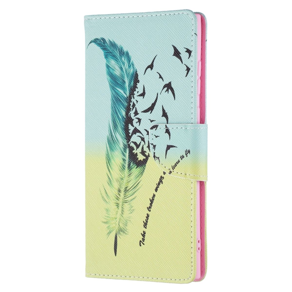 Handyhülle mit Federmotiv und Vögeln. Farben: Blau, Gelb. Text: Nimm diese gebrochenen Flügel und lerne fliegen.