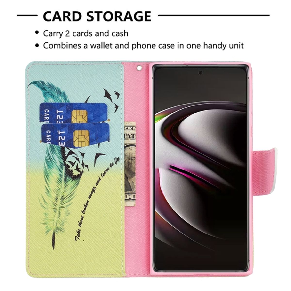 Offene rosa Handyhülle mit zwei Karten und einem Dollarschein. Telefon mit Federgrafiken. Text: Card Storage.