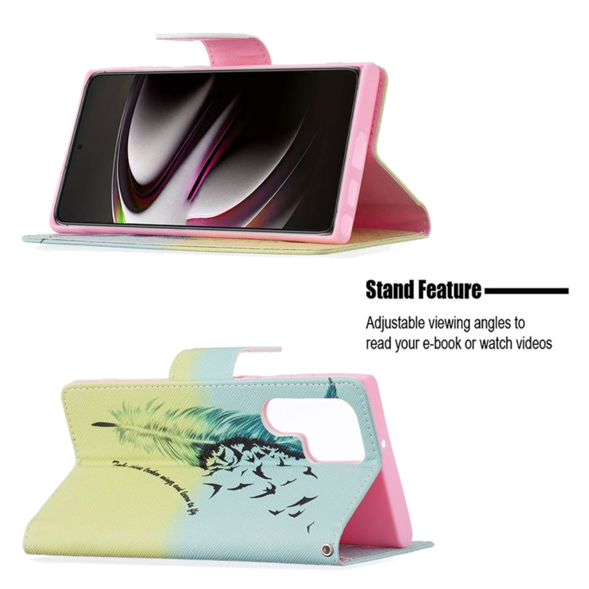 Handyhülle mit Feder-Design. Das Telefon befindet sich in Ständerposition.