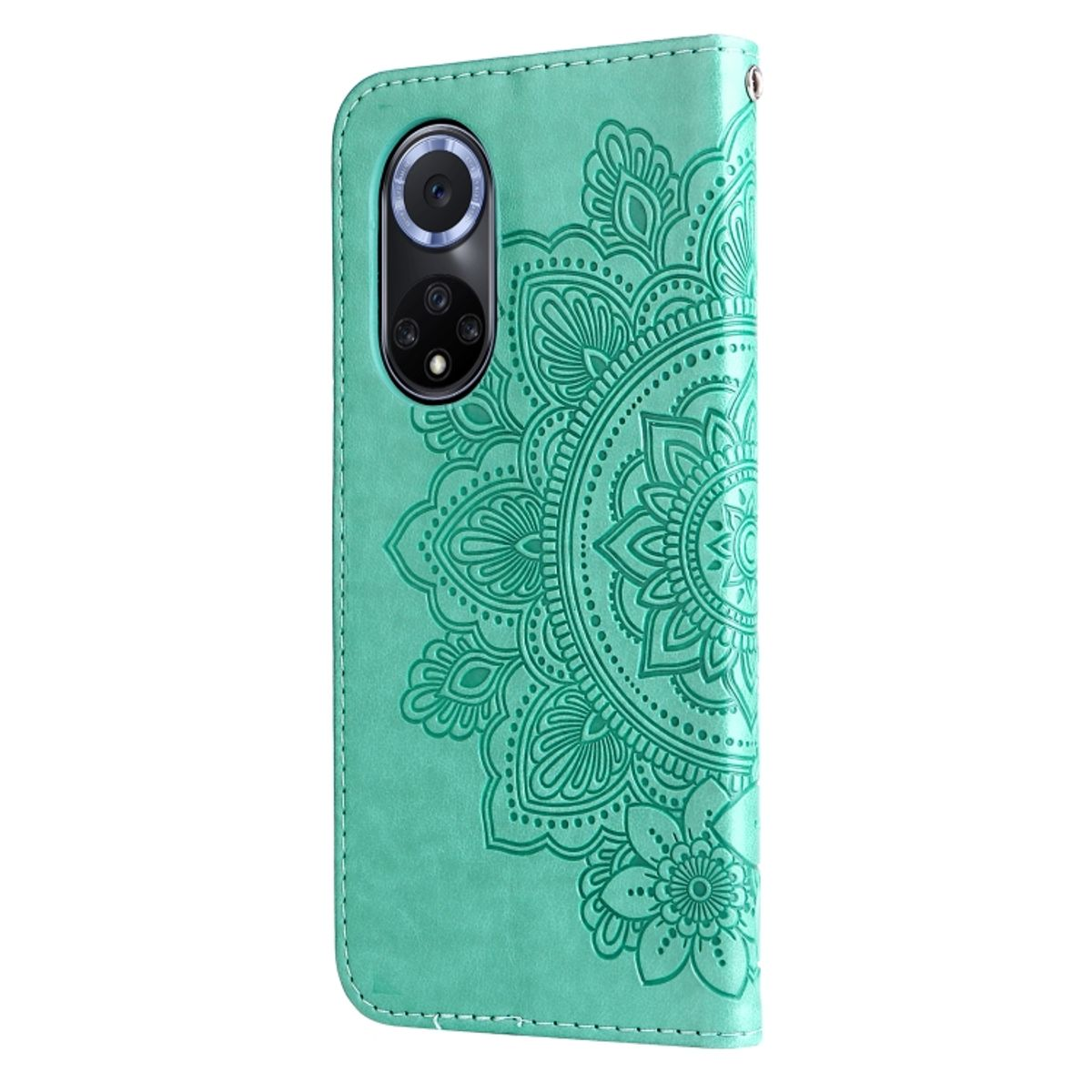 Grüne Handyhülle mit einem Mandala-Design. Geöffnet, zeigt das Telefon und das Design.