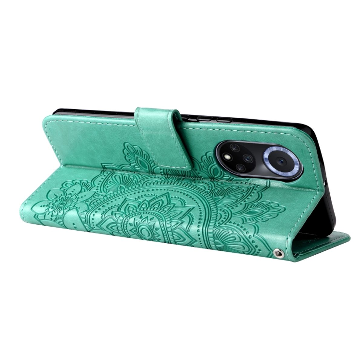 Geöffnete türkisfarbene Handyhülle mit Mandala-Design auf der Vorderseite, zeigt ein Telefon mit Kamera.