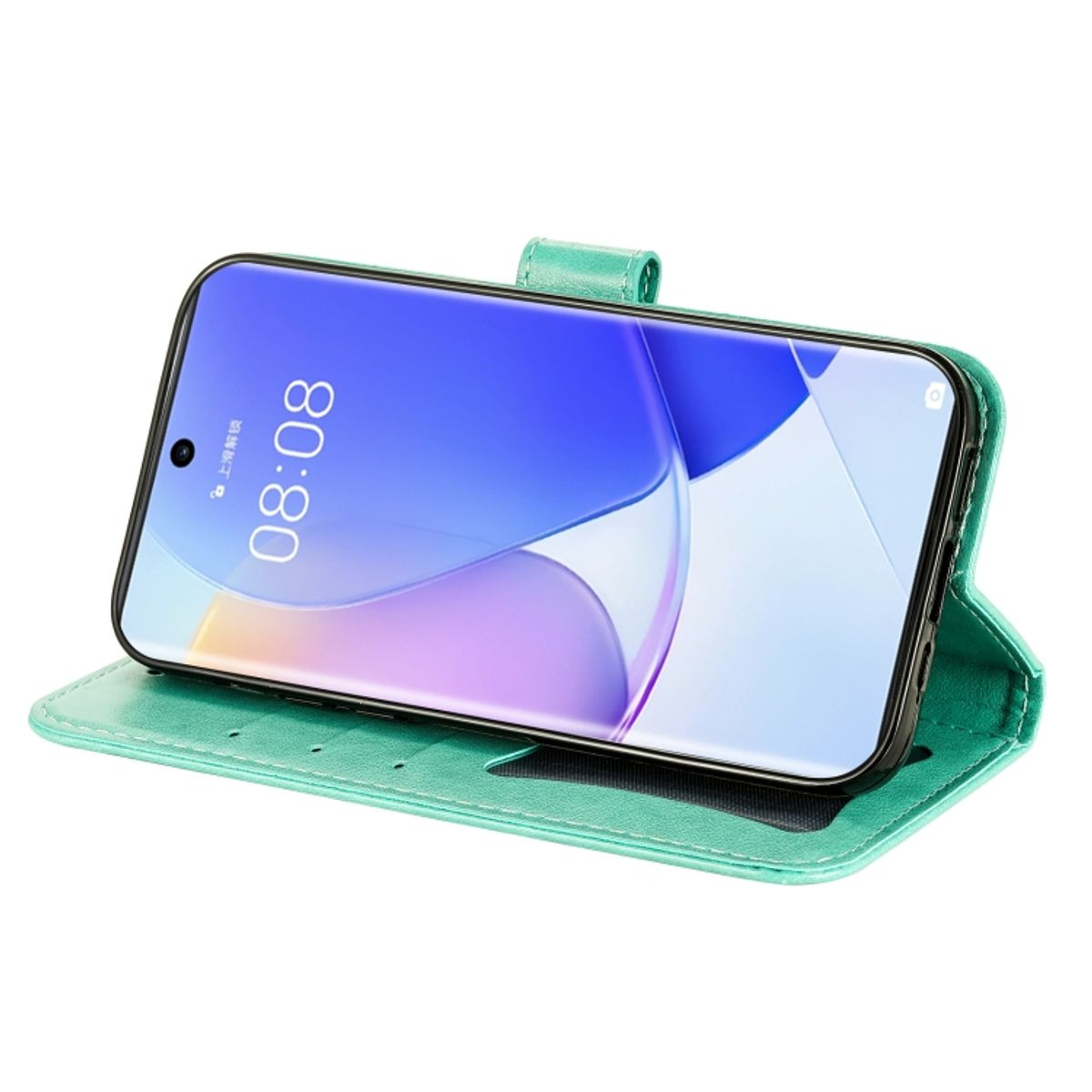 Mintgrüne Handyhülle offen mit Telefon darin. Telefon zeigt einen Bildschirm.