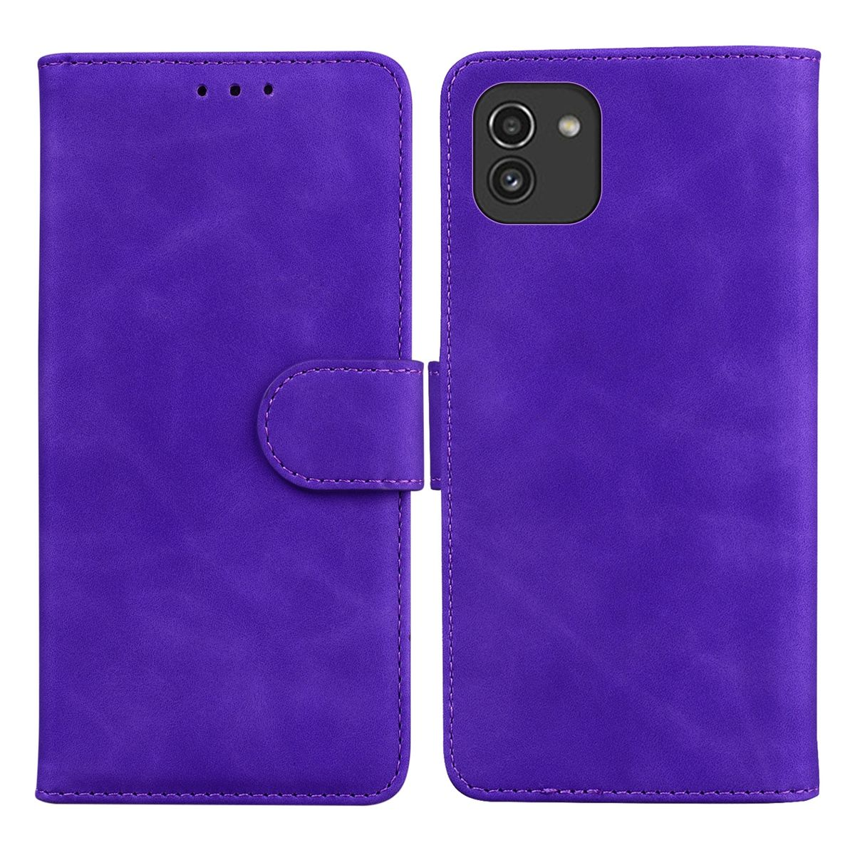 Lila Handyhülle mit Magnetklappe. Es hat ein einfaches Design mit einem Kameraausschnitt.