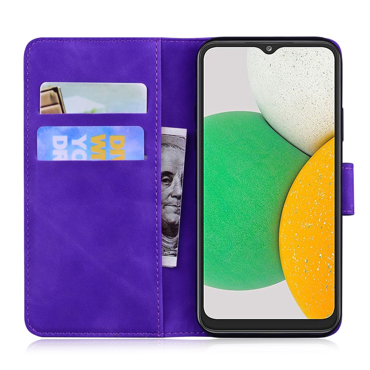 Lila Handyhülle, offen. Zeigt Telefon, Karten- und Geldfächer. Telefon hat grünes und gelbes Design.