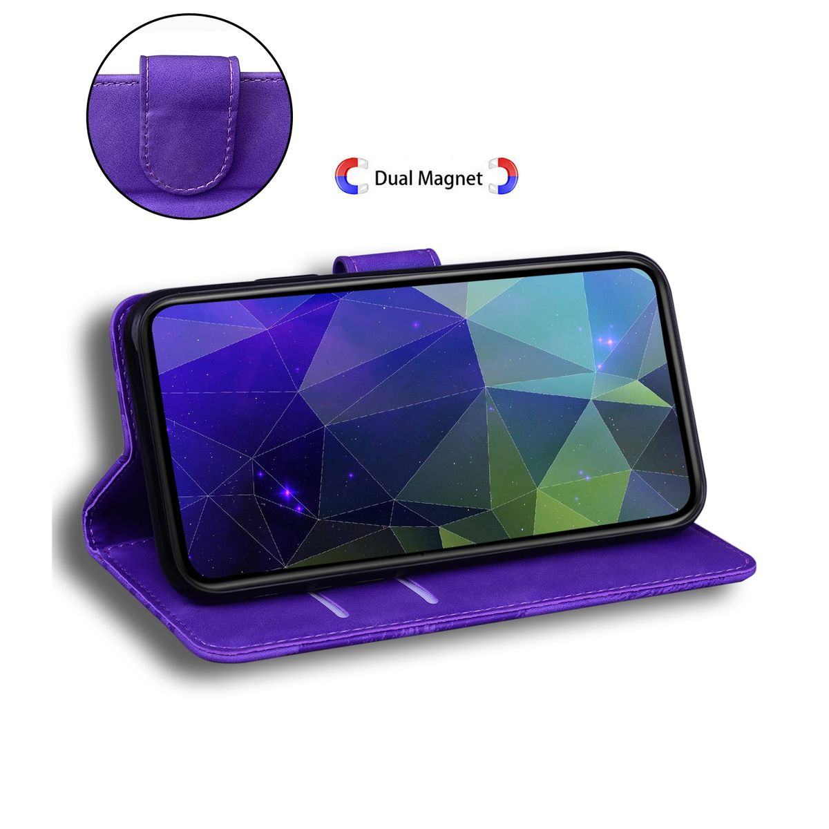 Lila Handyhülle mit Telefon, Dual-Magnet-Logo. Weißer Hintergrund.