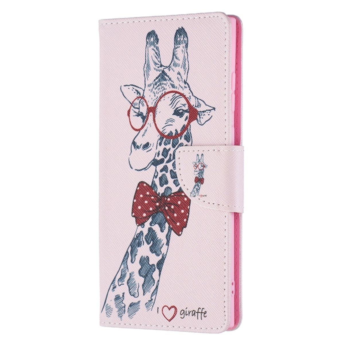 Rosa Handyhülle mit Giraffe mit Brille und Fliege, Text darunter.