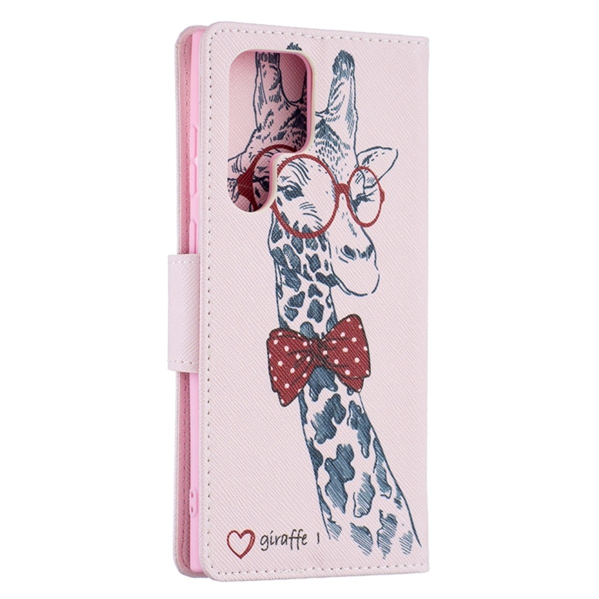 Rosa Handyhülle mit Giraffen-Design, die Brille und Fliege trägt.