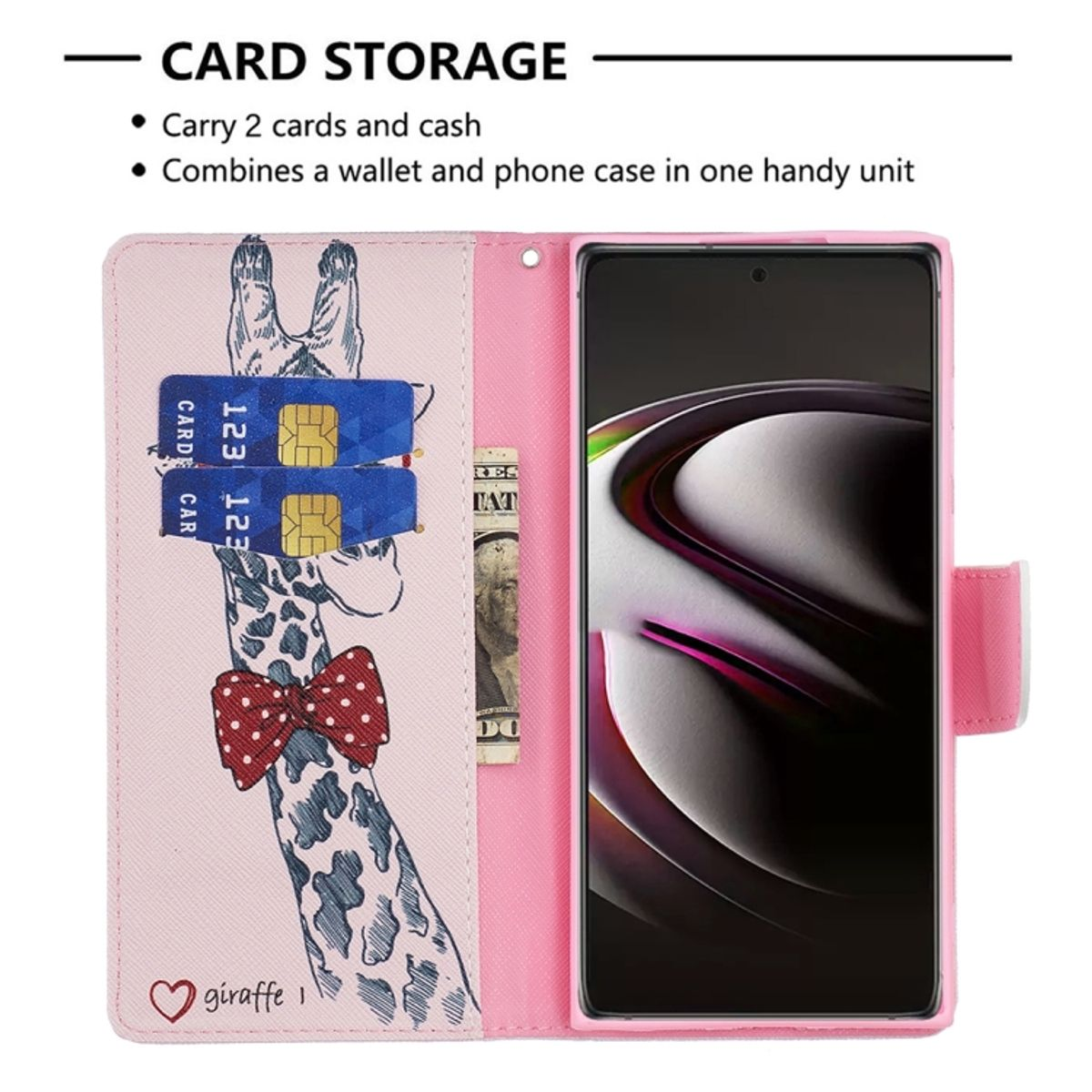 Offene rosa Handyhülle mit Giraffen-Grafik und Kreditkarten. Ein Dollar-Schein ist sichtbar.