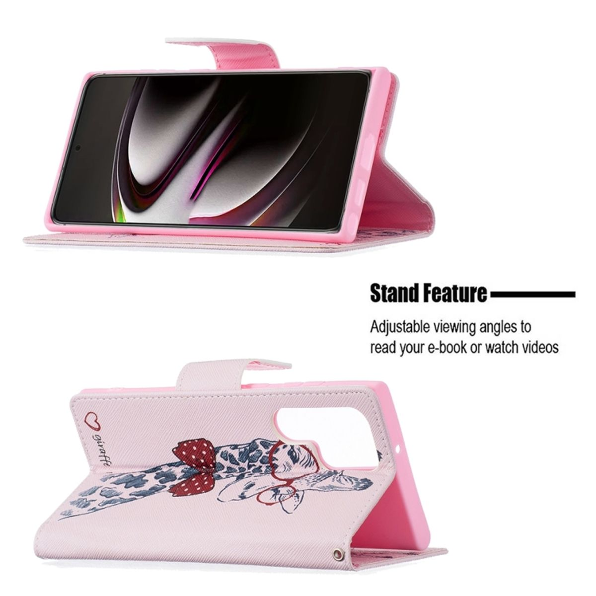 Rosa Handyhülle mit Telefon, Giraffen-Illustration. Standfunktion für Videos.