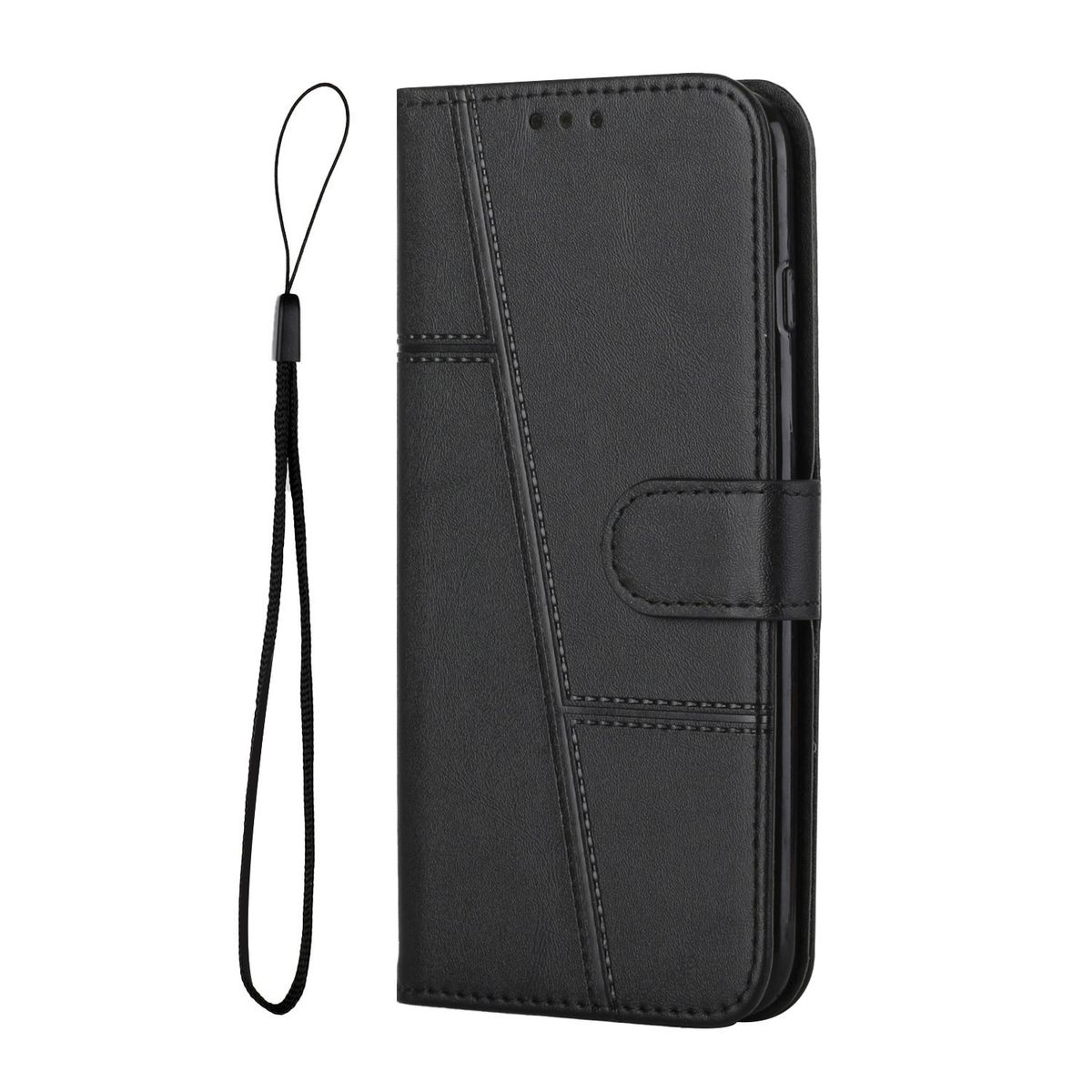 Schwarze Leder-Handyhülle offen mit Telefon. Mit Handschlaufe.
