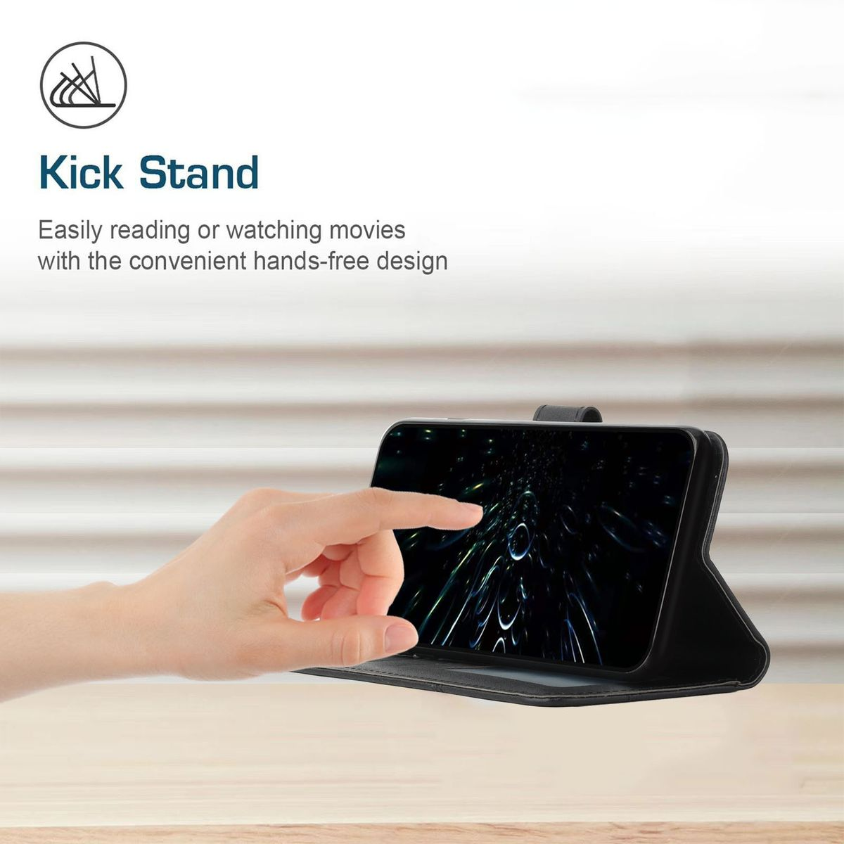 Eine Hand berührt einen schwarzen Telefonbildschirm in einer Handyhülle, mit Text über die Kickstand-Funktion.