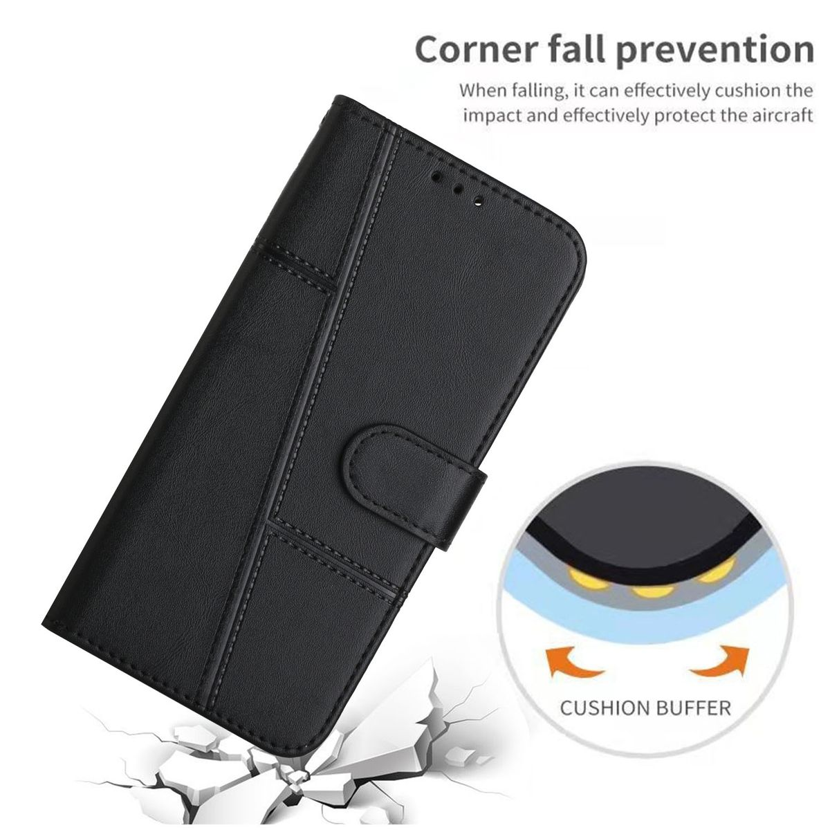 Schwarze Handyhülle mit Stoßdämpfer und Text über Eckfallschutz.