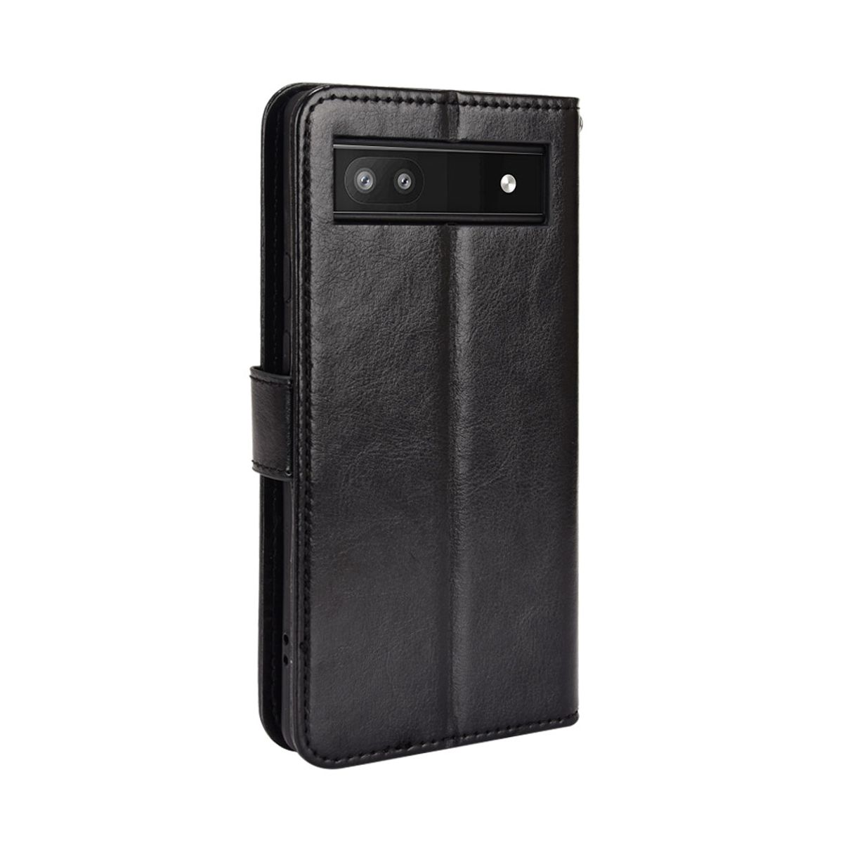 Schwarze Handyhülle, geschlossen. Der Koffer ist geschlossen und der Hintergrund ist weiß.