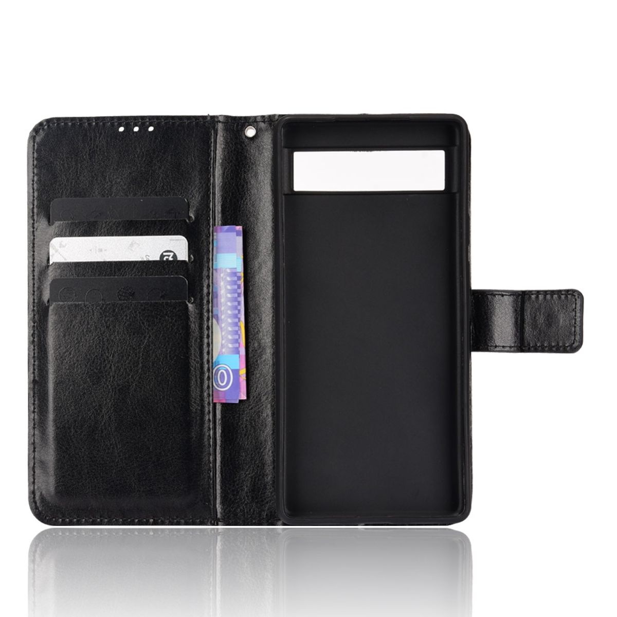 Geöffnete schwarze Handyhülle mit Kartenfächern, Geldfach und Telefon.