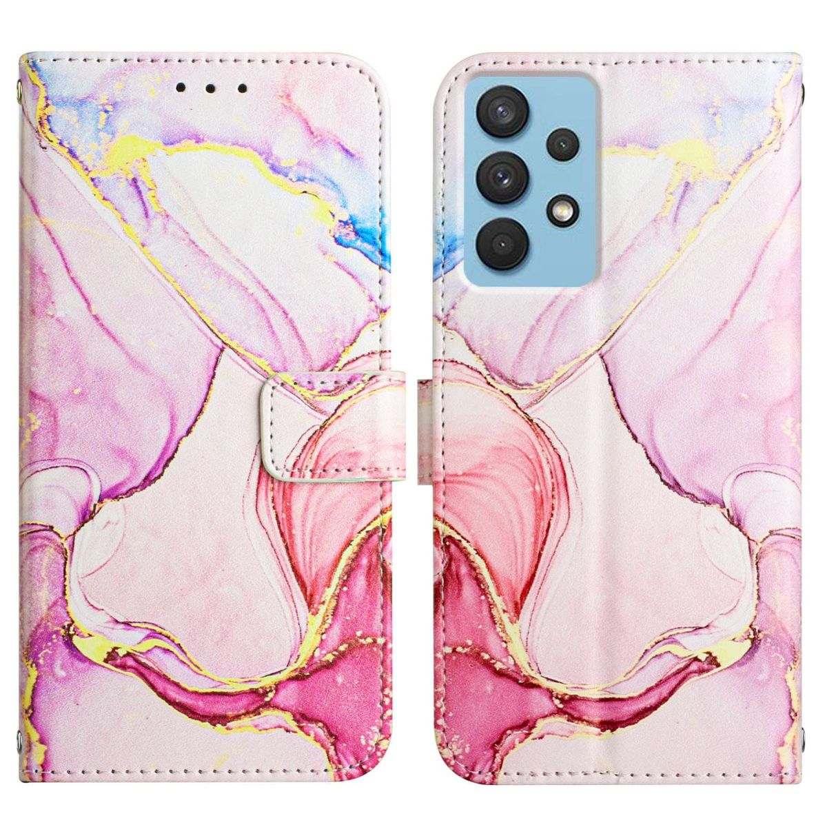 Eine Handyhülle ist geöffnet und zeigt ein Telefon. Das Design ist ein Marmormuster aus Rosa, Weiß und Gold.
