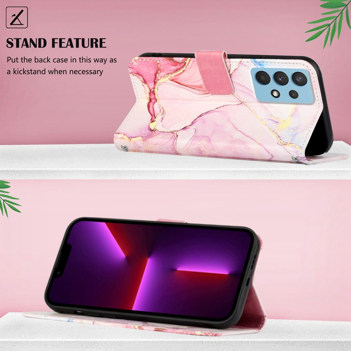 Handyhülle mit rosa Marmordesign, steht offen. Rückseite hat Kamera und Telefonbildschirm.