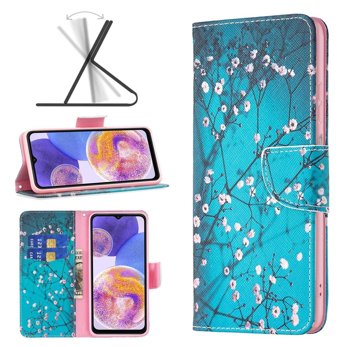 Handyhülle mit Ständerfunktion, Telefon, Karten und Bargeld. Blauer Hintergrund mit Blumen.