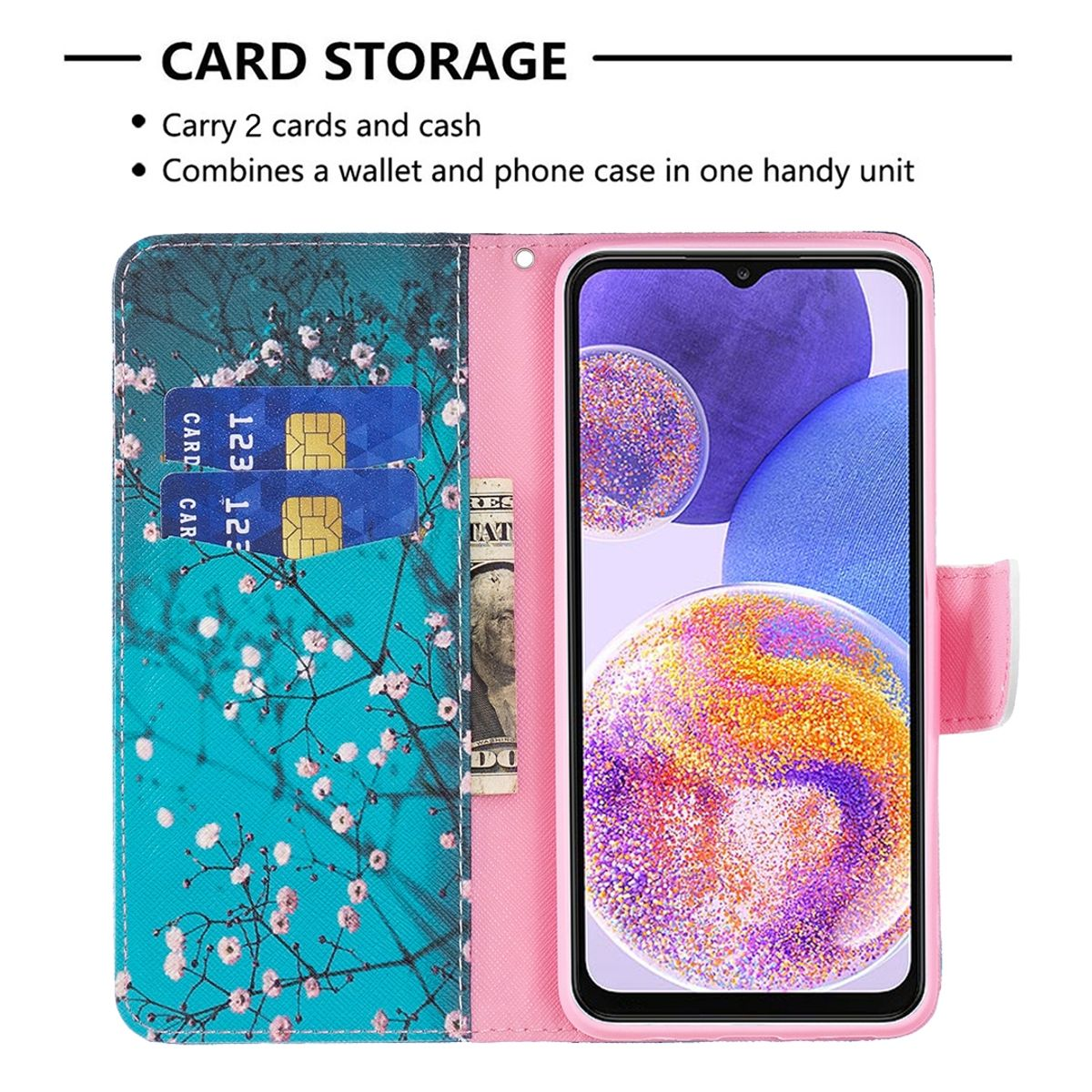 Geöffnete rosa Handyhülle mit Karten, Bargeld und Telefon rechts, geblümtem Innenraum.
