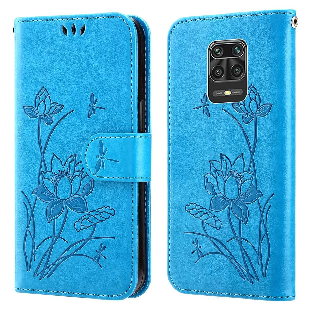 Blaue Handyhülle mit Lotusblumen-Design. Die Hülle ist geschlossen und offen, das Telefon zeigend.