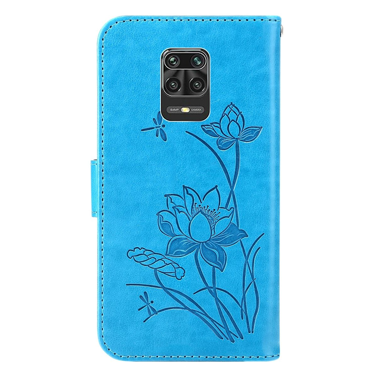 Blaue Handyhülle mit Lotusblumen. Die Hülle ist geschlossen. Lotusmuster-Design.