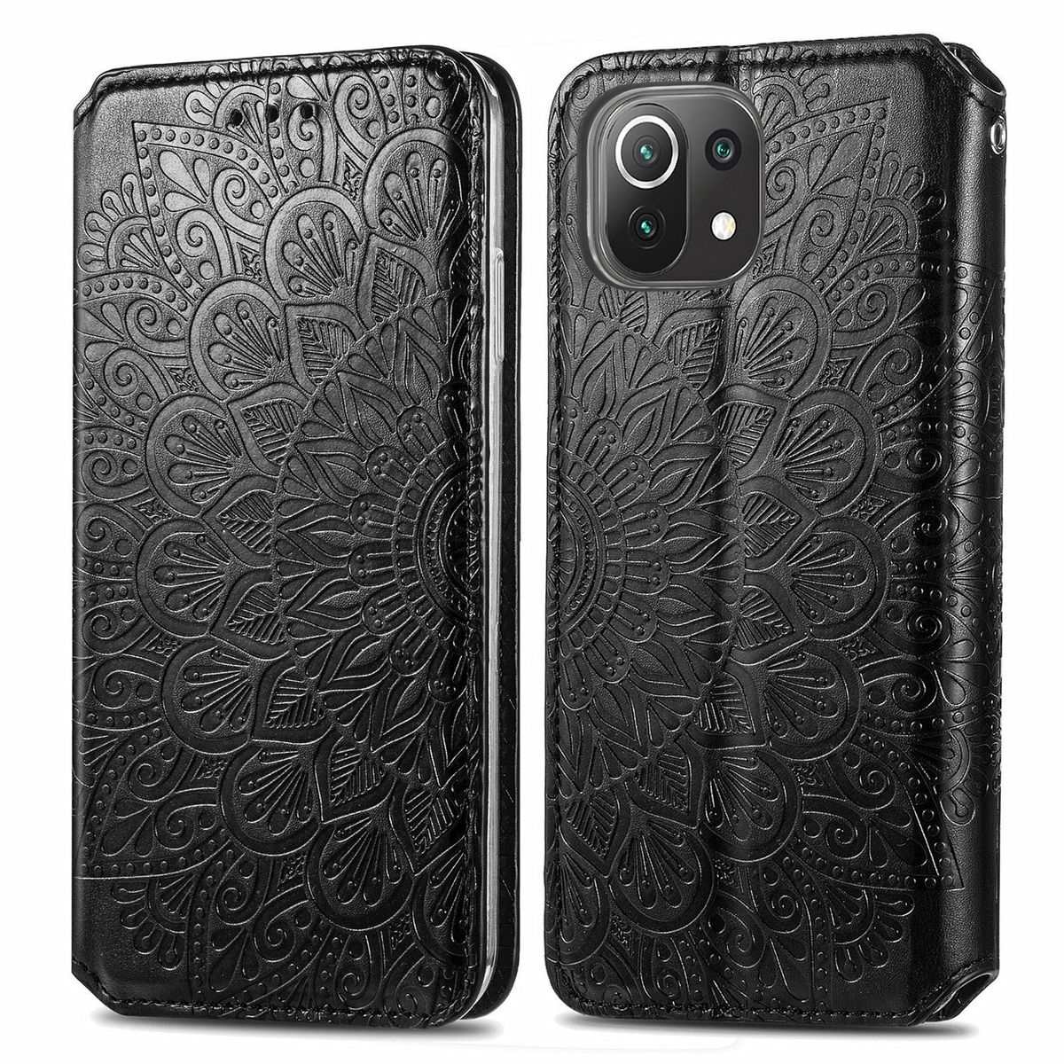 Schwarze geprägte Leder-Handyhülle mit Mandala-Muster. Das sichtbare Telefon ist schwarz.