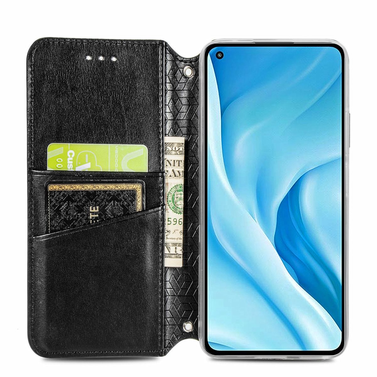 Schwarze Handyhülle mit Karten, Bargeld und einem Telefon mit hellblauem Bildschirm.
