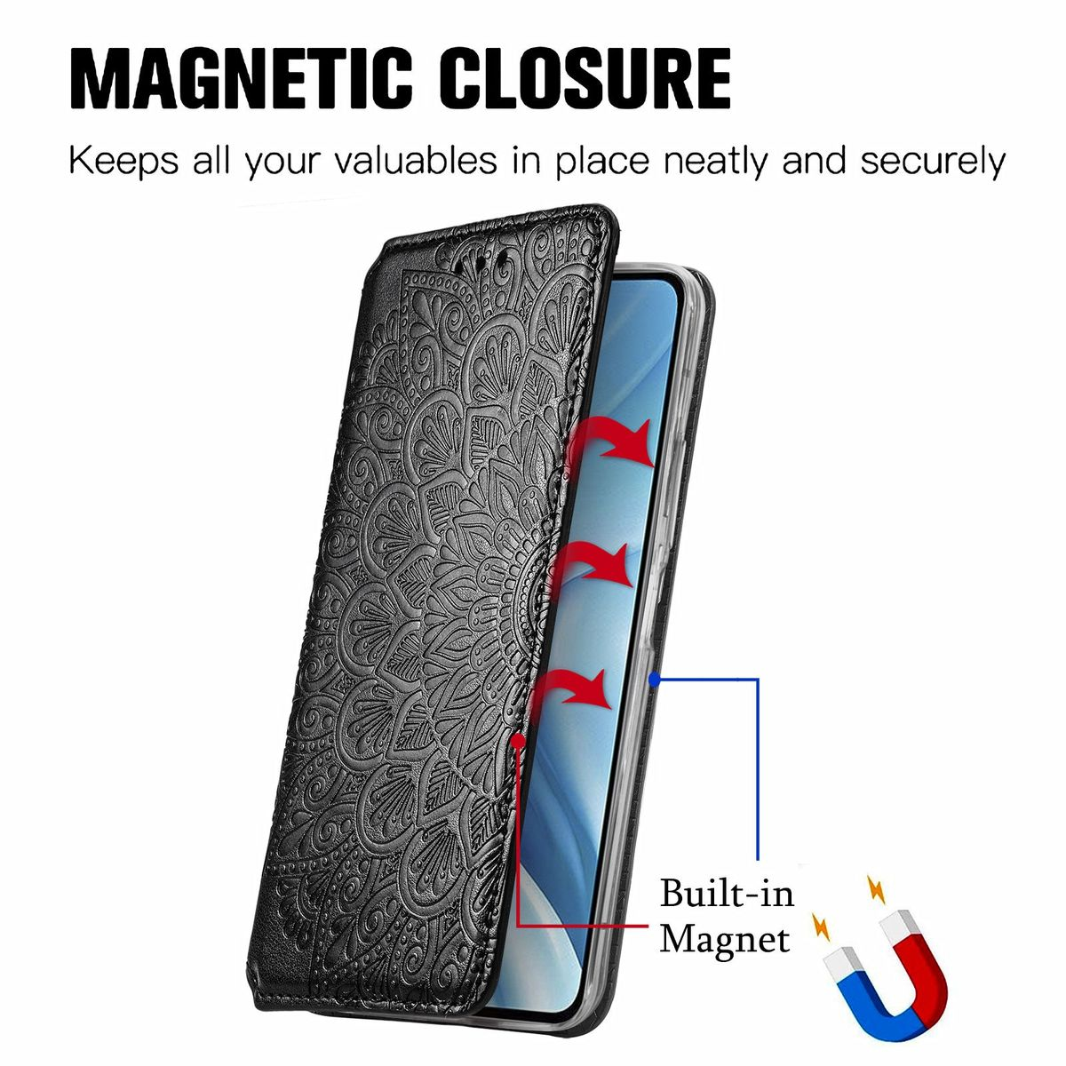 Schwarze Handyhülle, geschlossen. Text über Magnetverschluss und eingebauten Magneten.