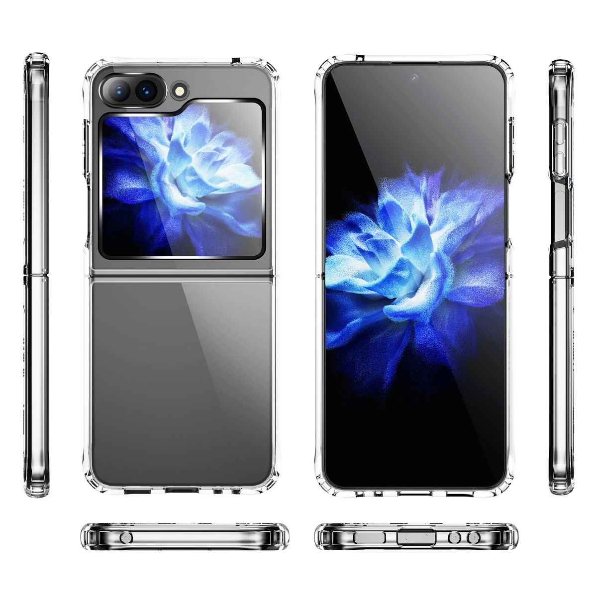 Transparente Handyhülle auf weißem Hintergrund. Zeigt ein Telefon mit blauem Blumenbild. Mehrere Winkel.