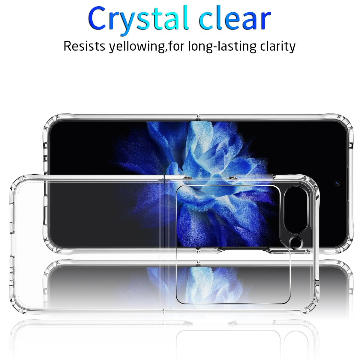 Transparente Handyhülle mit Telefon darin. Durchsichtige Hülle zeigt das Telefon. Weißer Hintergrund.