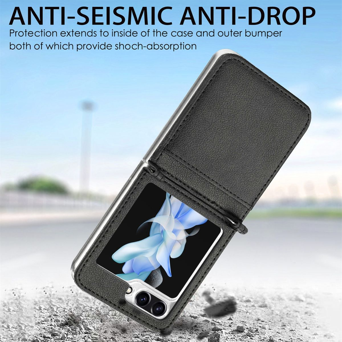 Schwarze Handyhülle mit offenem, klarem Fenster. Telefon ist sichtbar. Text: 'Anti-Seismic Anti-Drop' und verschwommener Hintergrund.