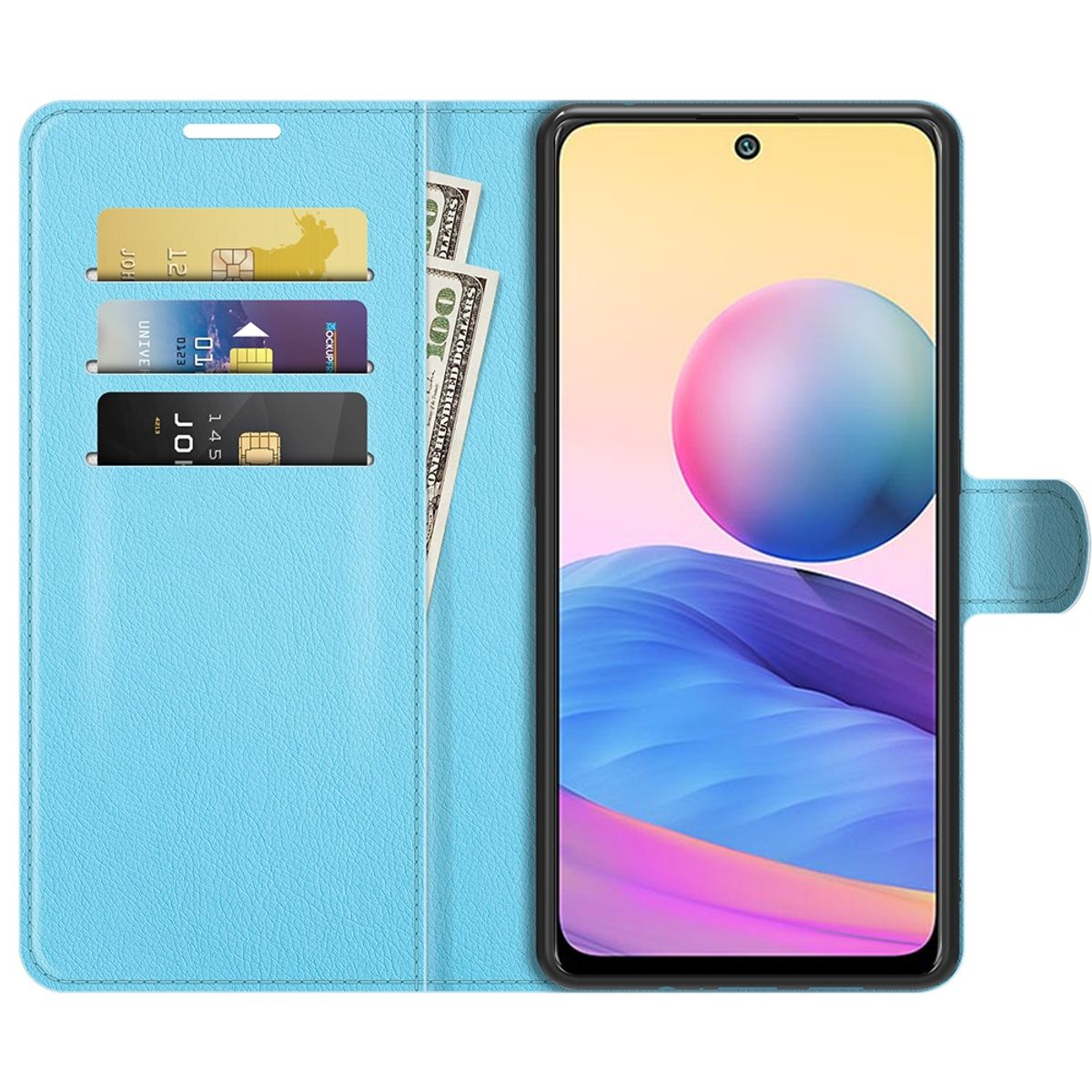 Offene blaue Handyhülle mit Karten und Bargeld. Telefon ist sichtbar. Zeigt Kartenfächer und Platz für Bargeld. Hellblaue Farbe.