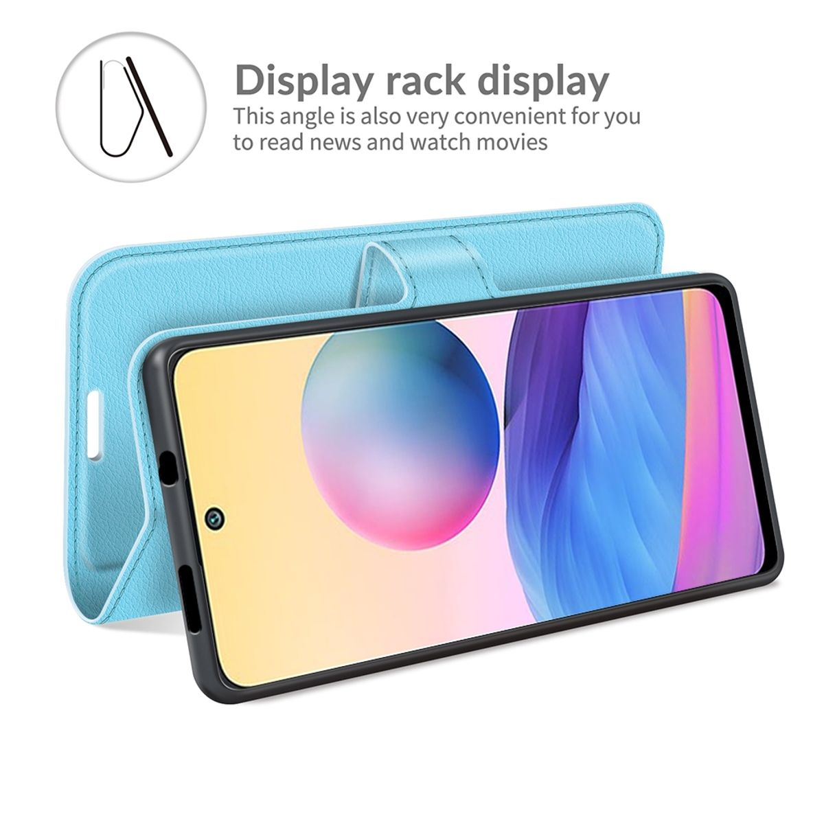 Offene blaue Handyhülle mit einem Telefon darin. Weißer Hintergrund.