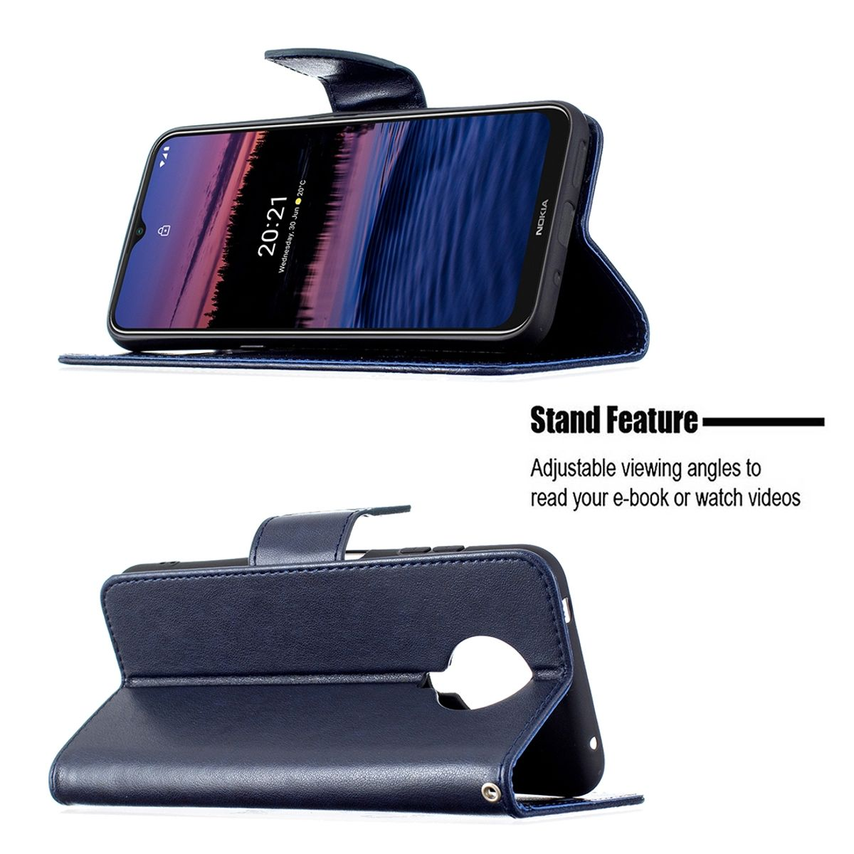 Blaue Handyhülle mit Handy, Standfunktion, weißer Hintergrund.