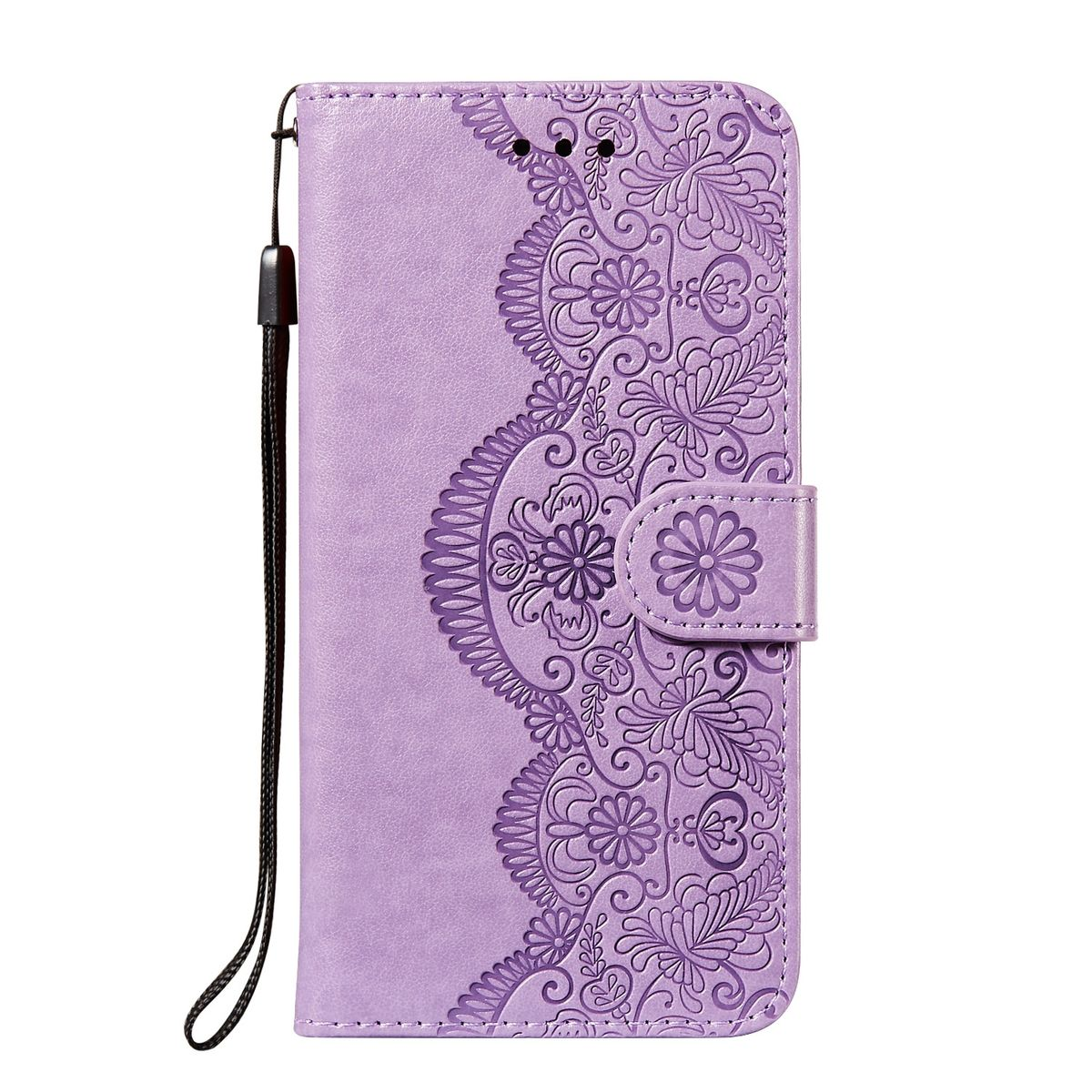 Eine lila Handyhülle mit floralem Design, einem Riemen und einem Verschluss, auf weißem Hintergrund.
