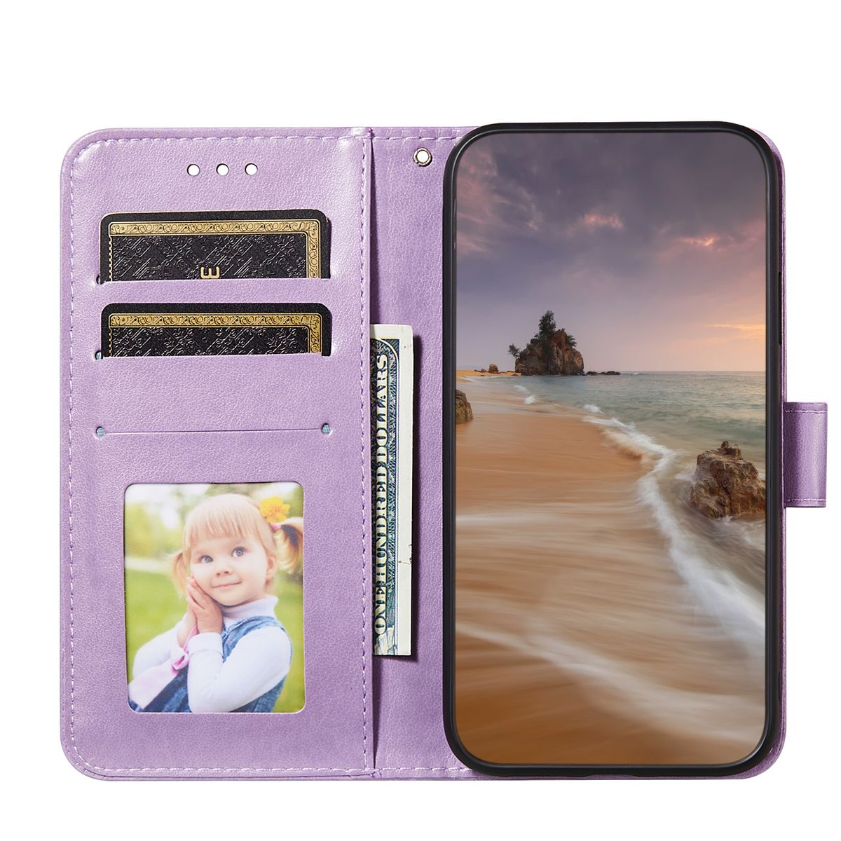 Lila Handyhülle mit Karten, Foto und Telefon. Geöffnet, Telefon, Karten, Foto und Dollar innen.