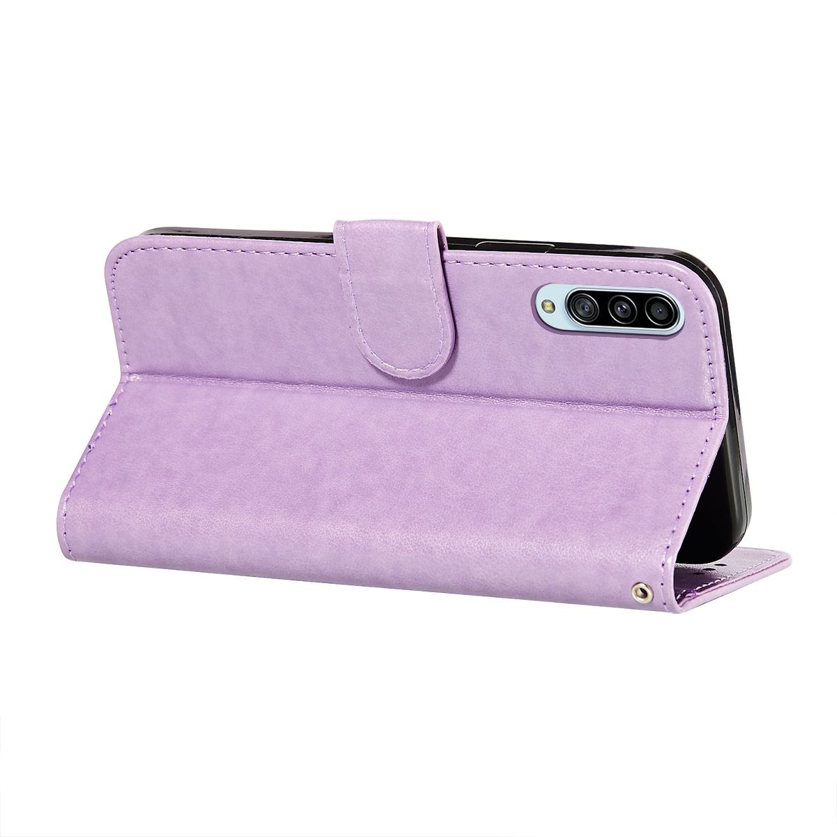 Lila Leder-Handyhülle mit Telefon innen, geschlossen. Weißer Hintergrund.