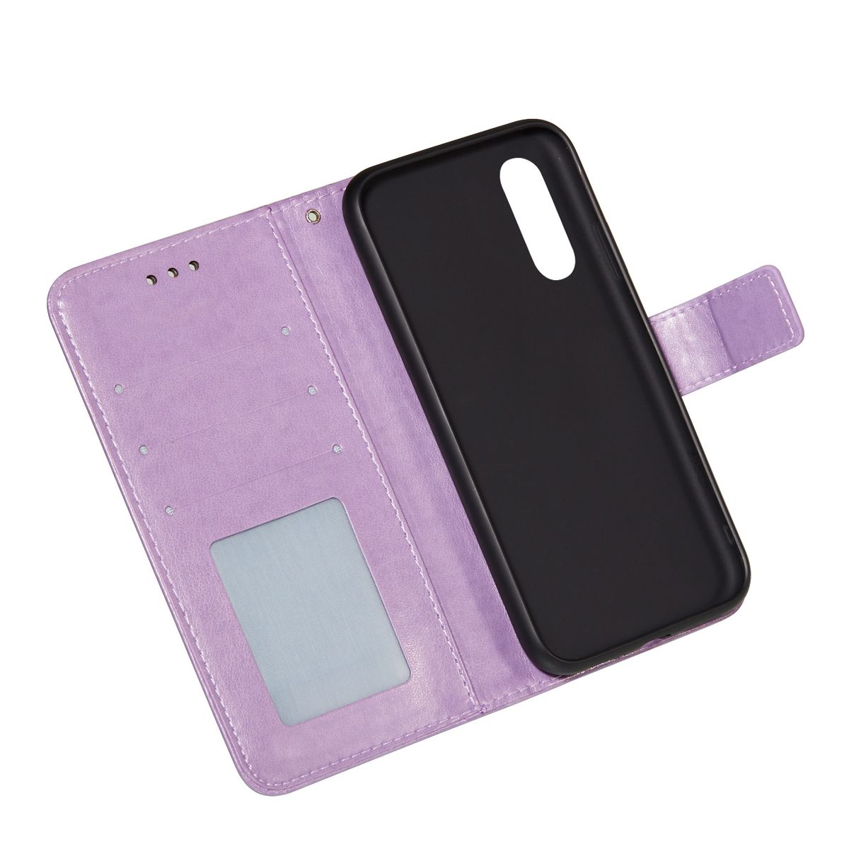 Eine lila Handyhülle mit Kartenfächern und einem Telefon. Das Telefon hat einen schwarzen Bildschirm.