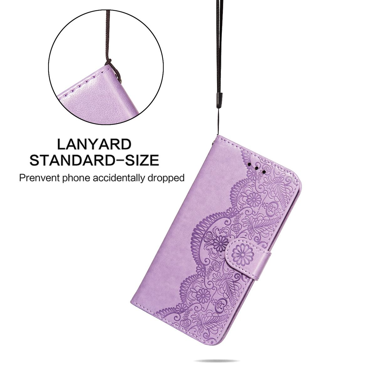 Lila Handyhülle mit floralem Design, hängt an einem Schlüsselband.