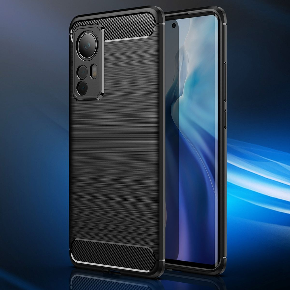 Schwarze Handyhülle mit strukturiertem Design. Zeigt eine Reflexion und einen blauen Hintergrund.