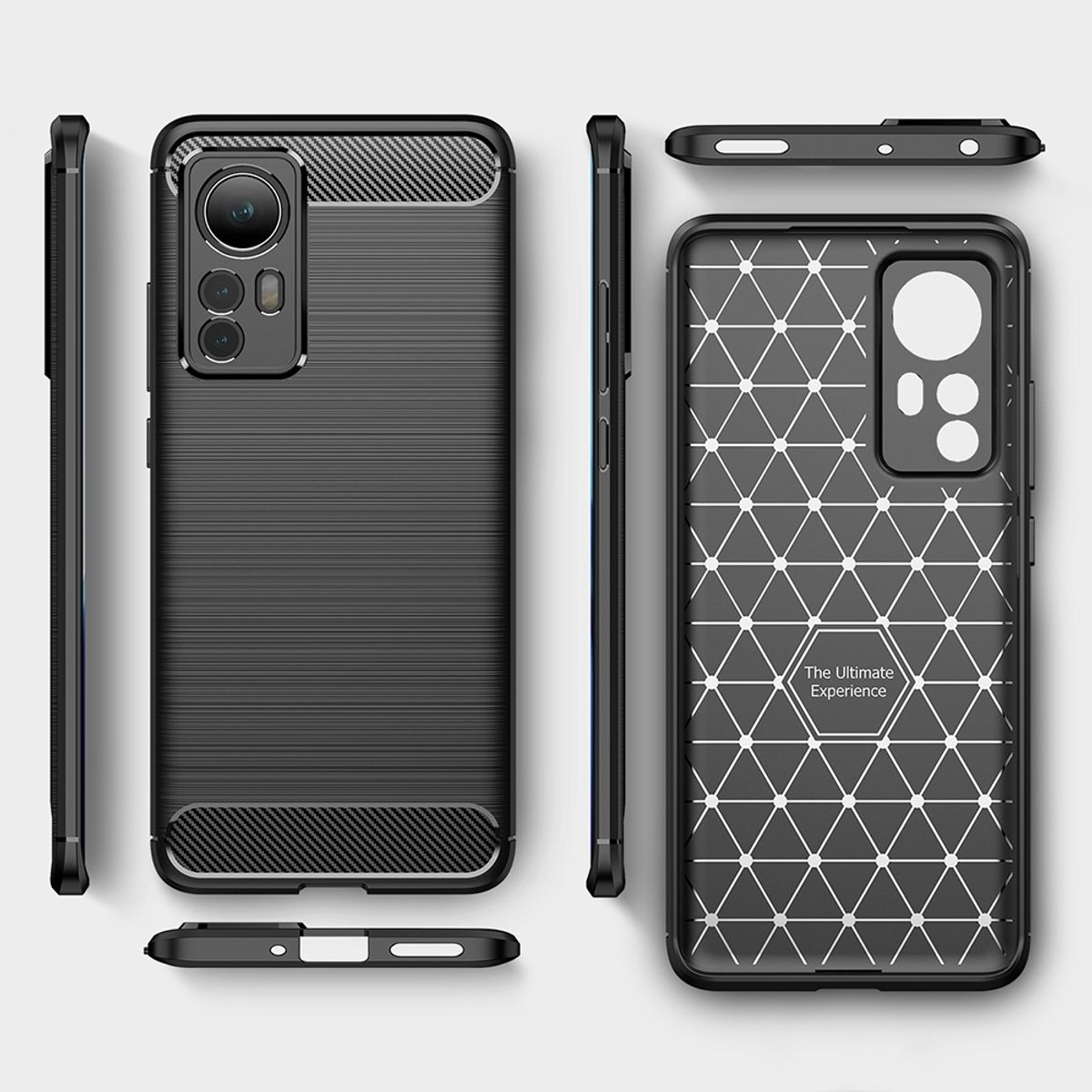 Handyhüllen mit einem Kohlefaser-Muster und einem geometrischen Design. Auf weißer Oberfläche.