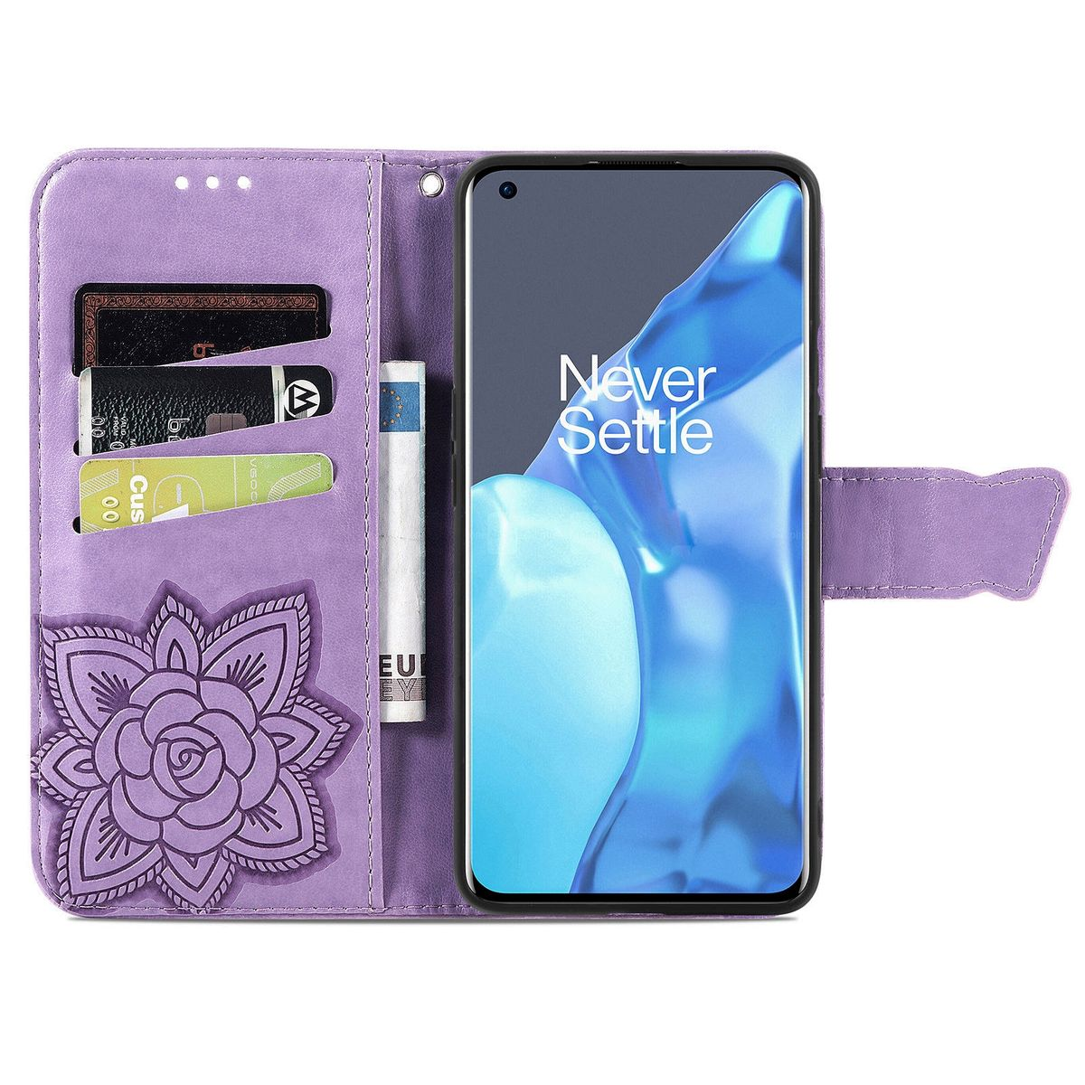 Lila Handyhülle mit Telefon. Ein Blumenemblem und Kartenfächer sind sichtbar.