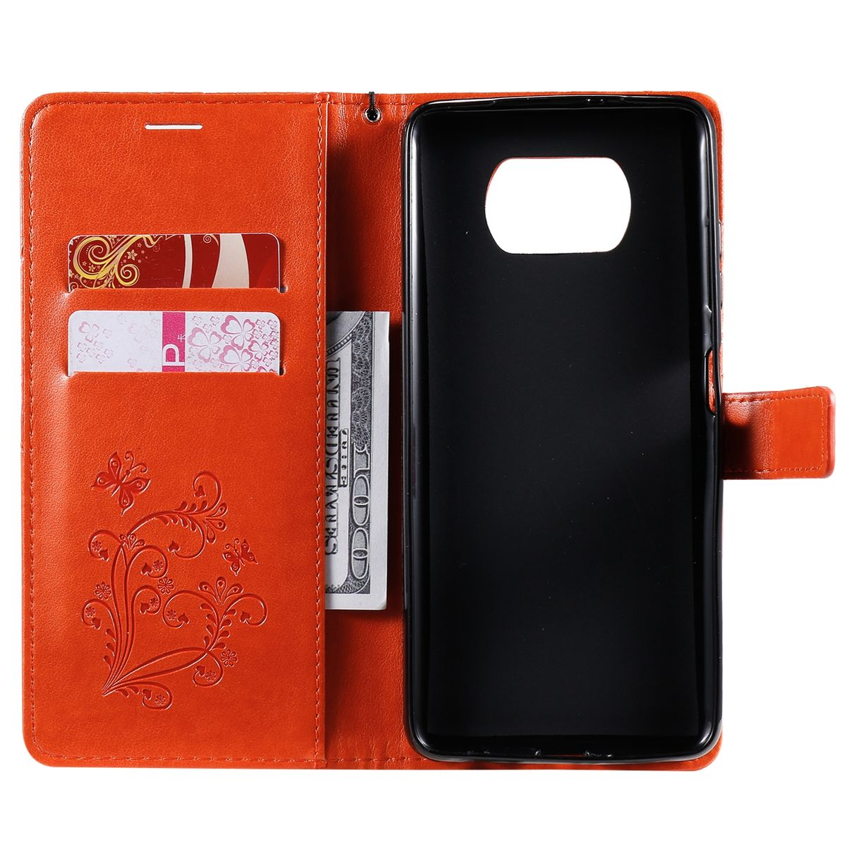 Orangenes Leder-Handycase mit Karten und einem Dollarschein. Schwarzes Telefon innen.