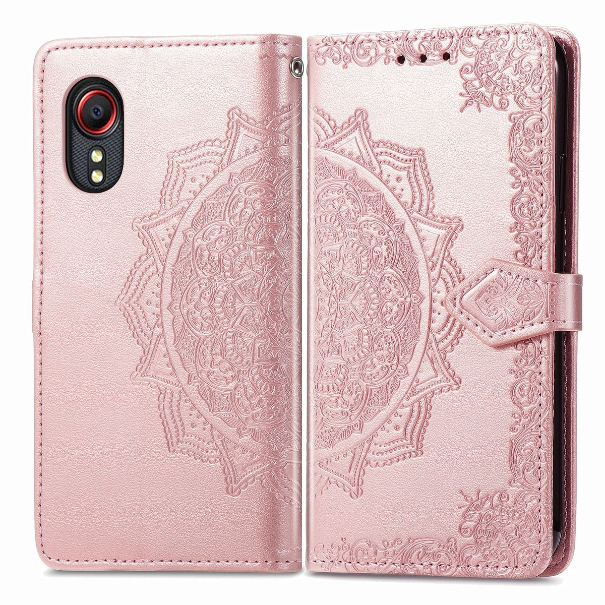 Geöffnete rosa Handyhülle mit Mandala-Design. Ein Telefon ist sichtbar. Die Hülle hat einen Riemen.