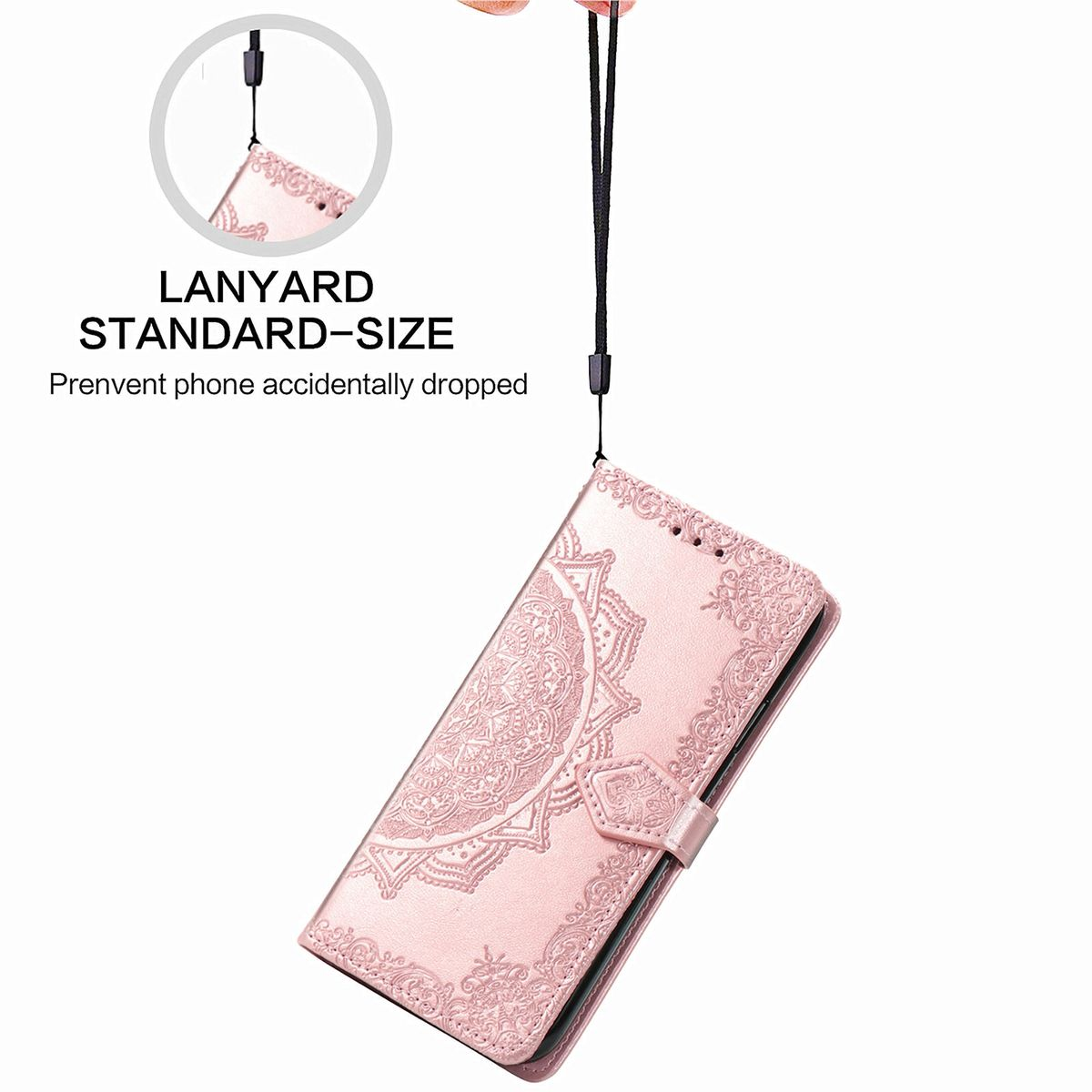 Rosa Handyhülle mit Mandala-Design, hängt an einem Schlüsselband.