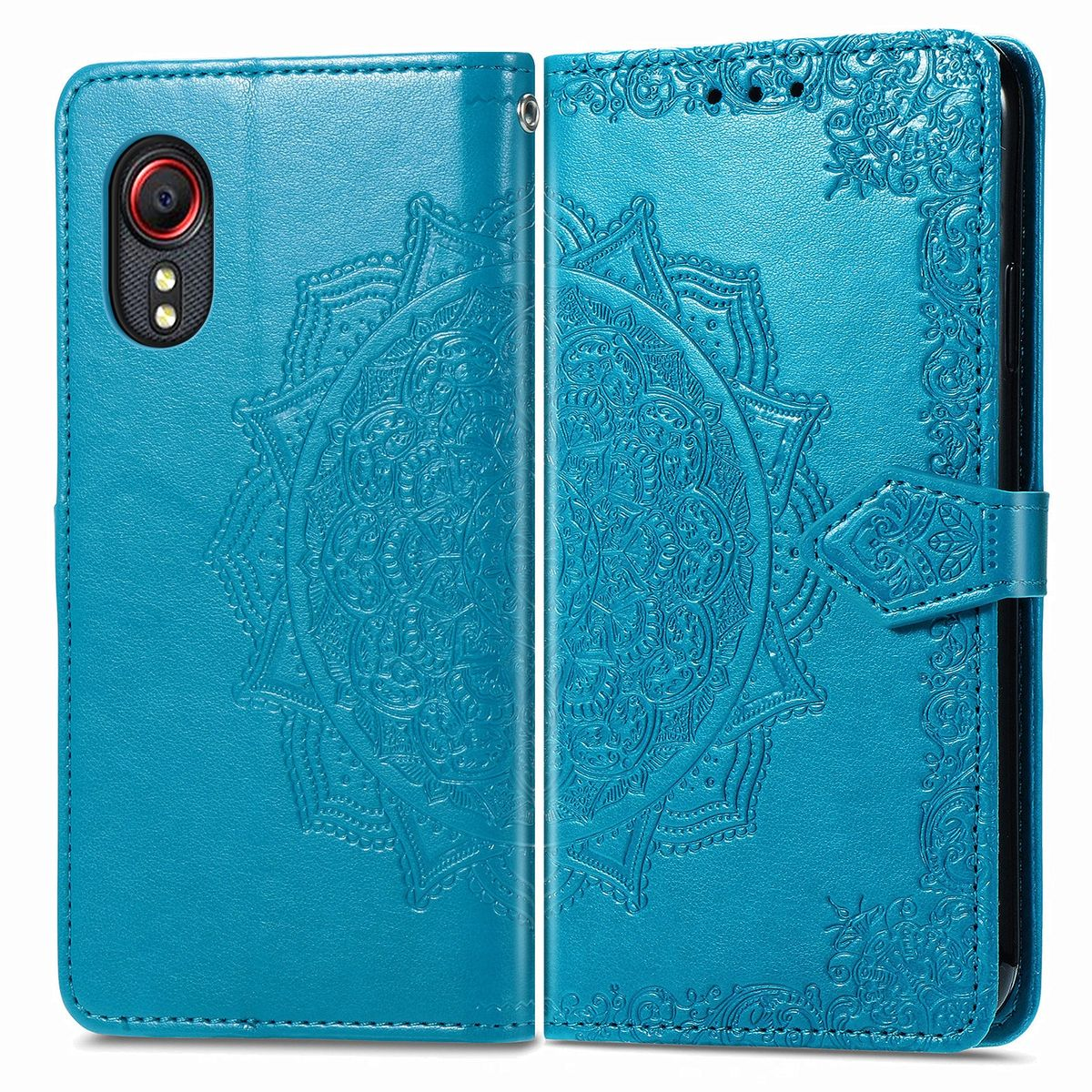 Blaue Handyhülle offen, zeigt ein Telefon mit Mandala-Design. Die Handyhülle ist offen.
