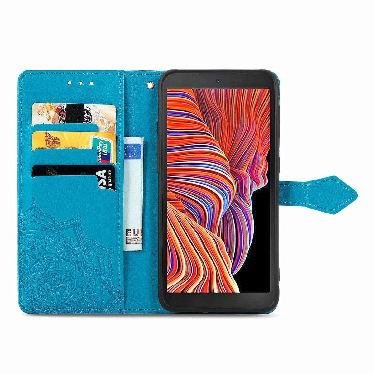 Blaue Handyhülle mit Karten und Geld. Telefon ist drin, zeigt ein farbenfrohes abstraktes Muster.
