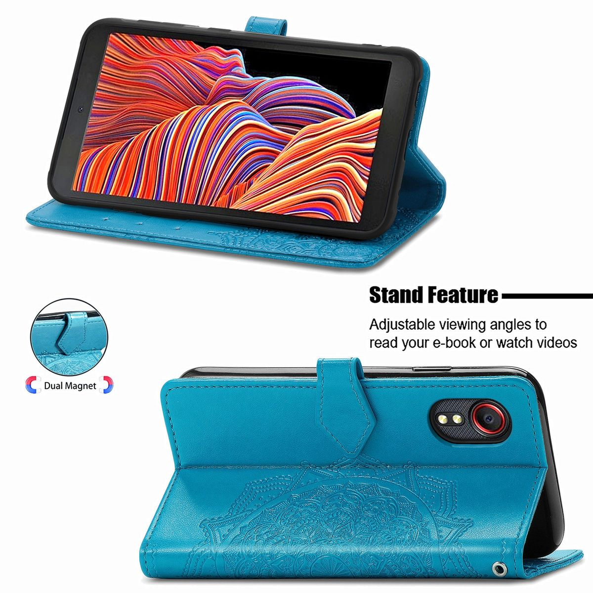 Blaue Handyhülle mit Ständerfunktion. Telefon ist in der Hülle. Text: Ständerfunktion. Dual Magnet.