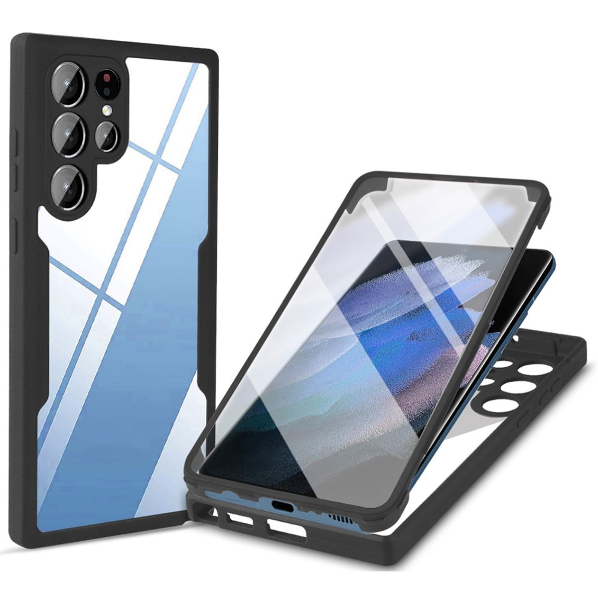 Schwarze und transparente Handyhülle. Telefon vor der Hülle.